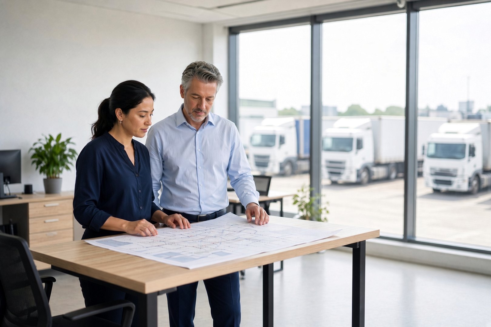 Two colleagues reviewing a freight plan in a bright office