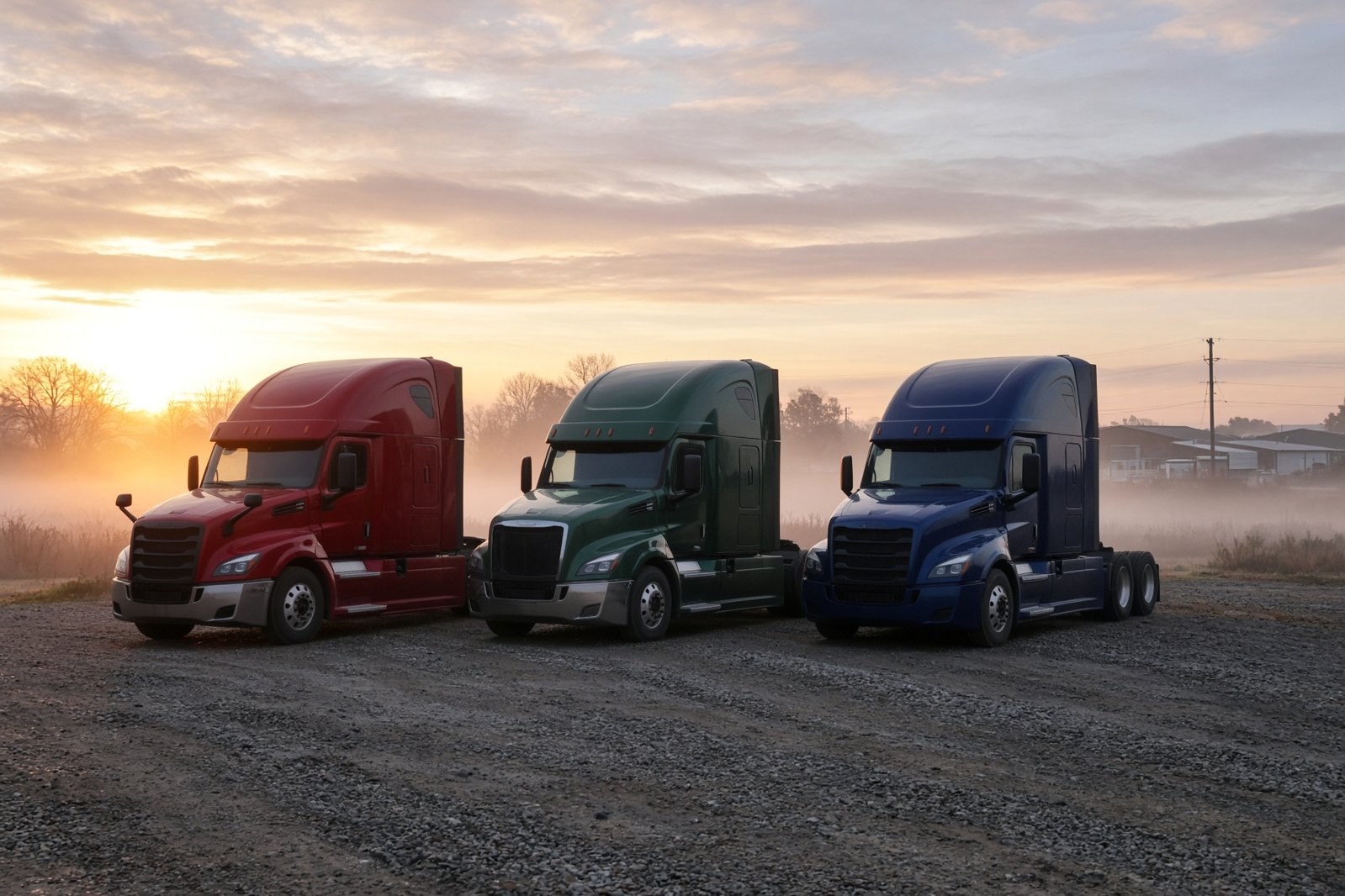 Small fleet of tractors in a yard at sunrise