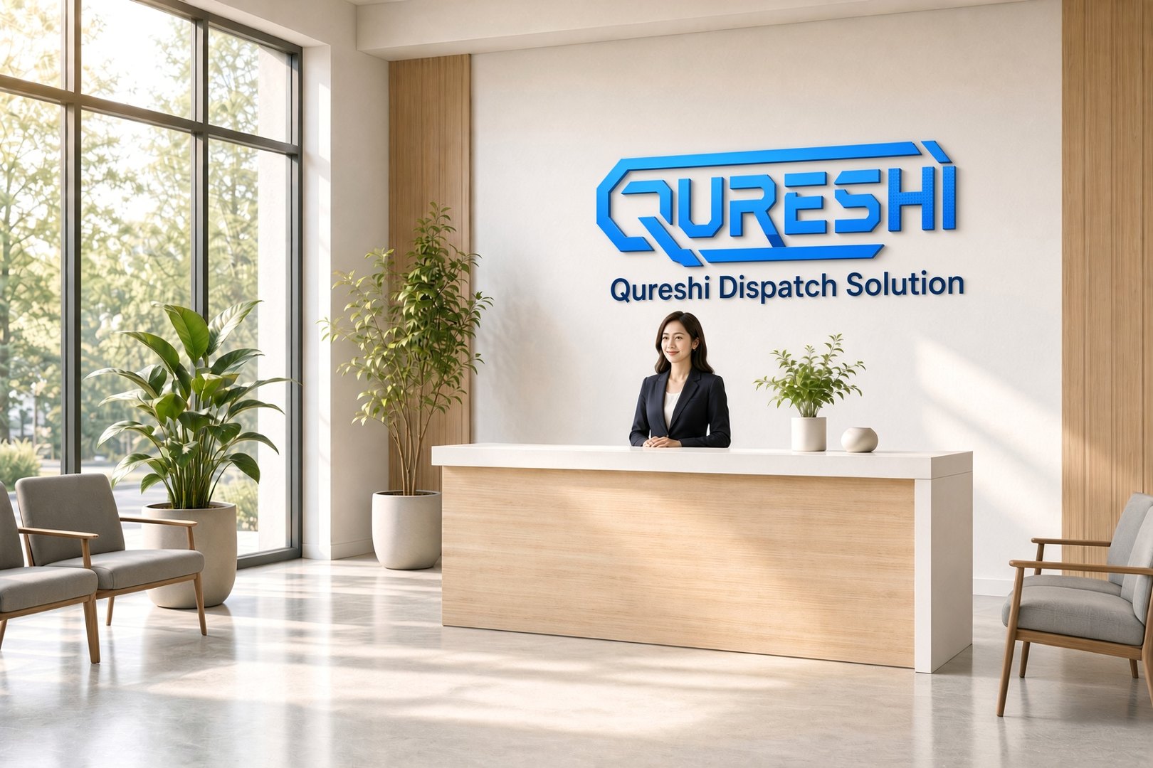 Reception desk with the company mark and name on the wall