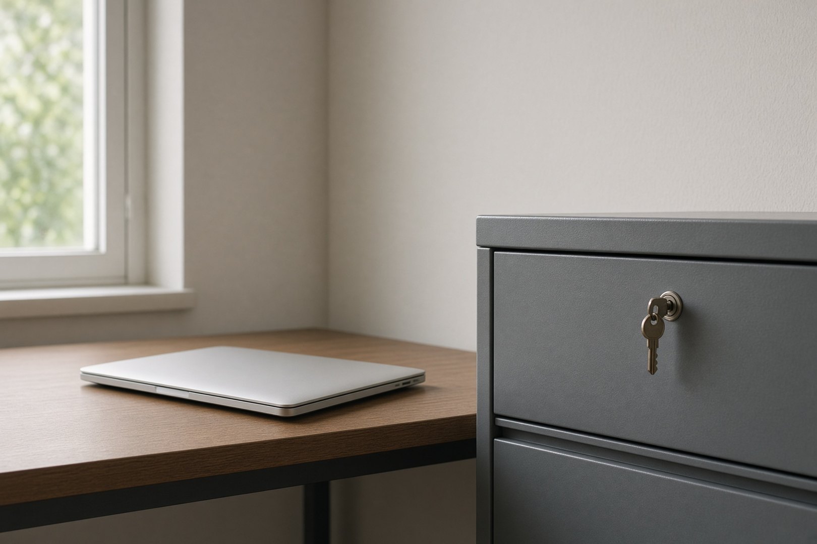 Closed laptop beside a locked file drawer