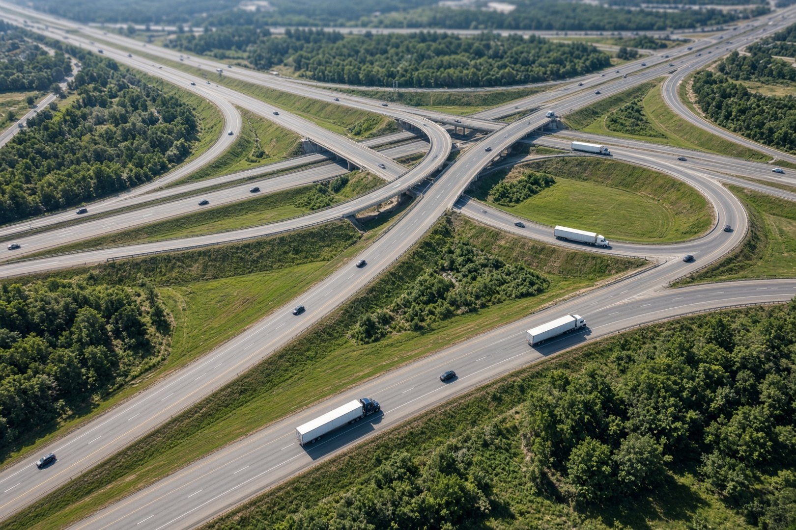 Aerial view of semi-trucks moving through a highway interchange