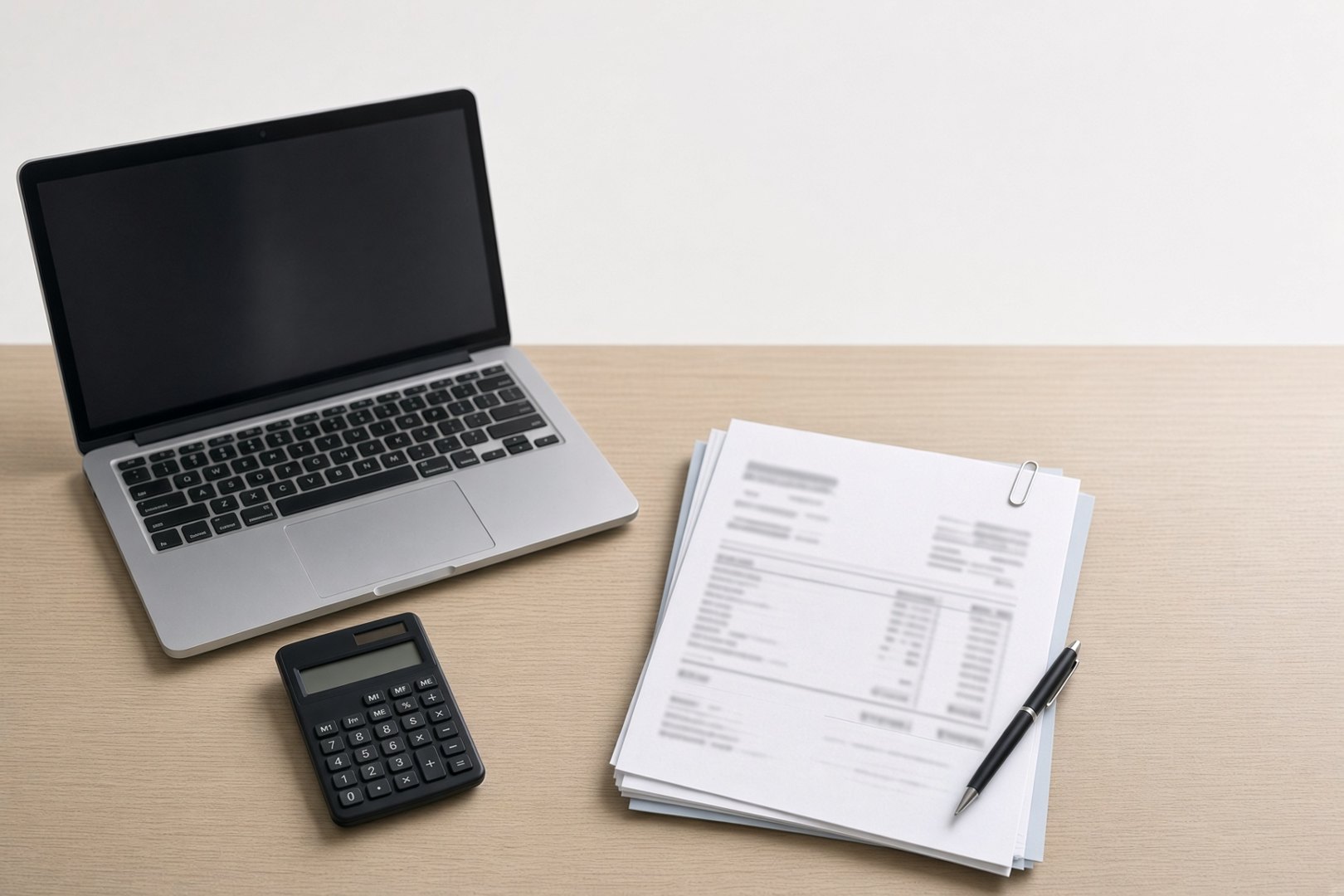 Laptop, calculator, and freight invoices on a clean desk
