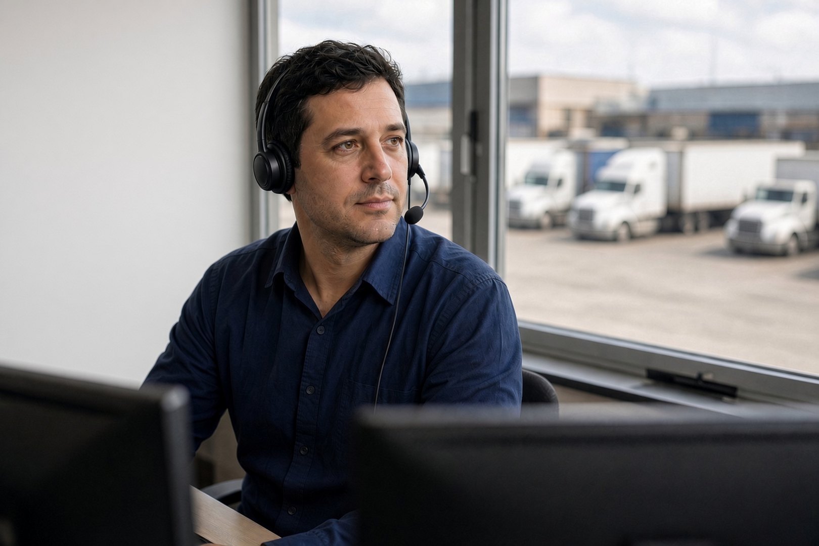 Coordinator with a headset at a desk overlooking a truck yard