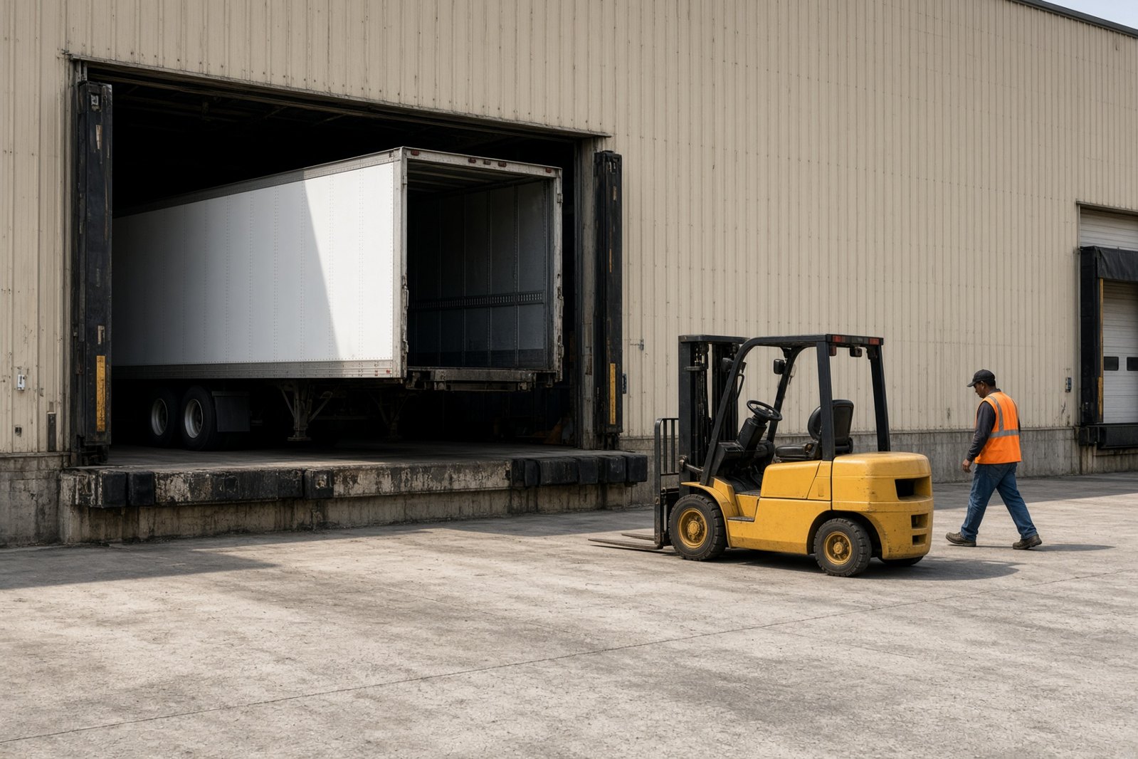 Trailer backed into a loading dock beside a forklift