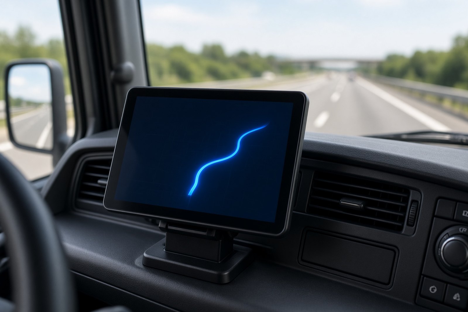 Tablet in a truck cab showing a route line