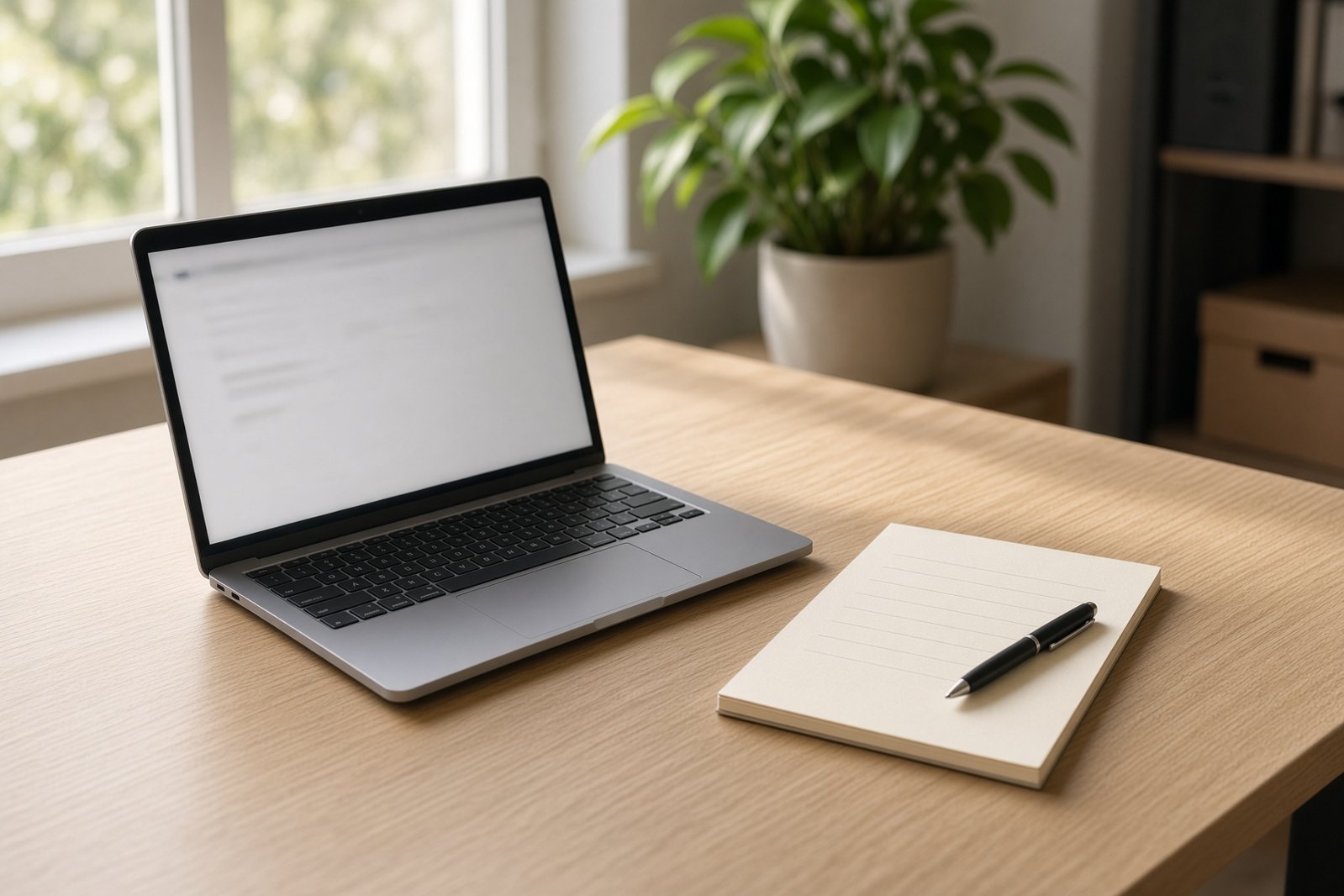A laptop in a quiet office with a blurred screen and a blank notepad