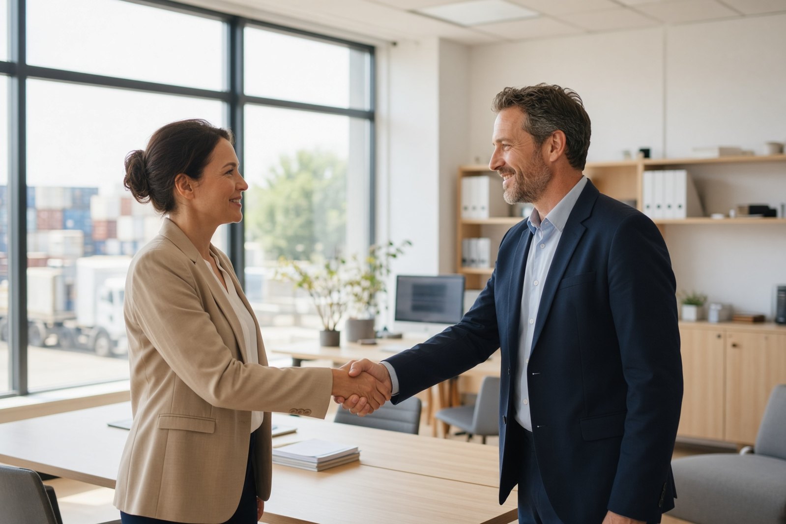 Two people reviewing a rate confirmation across a freight desk