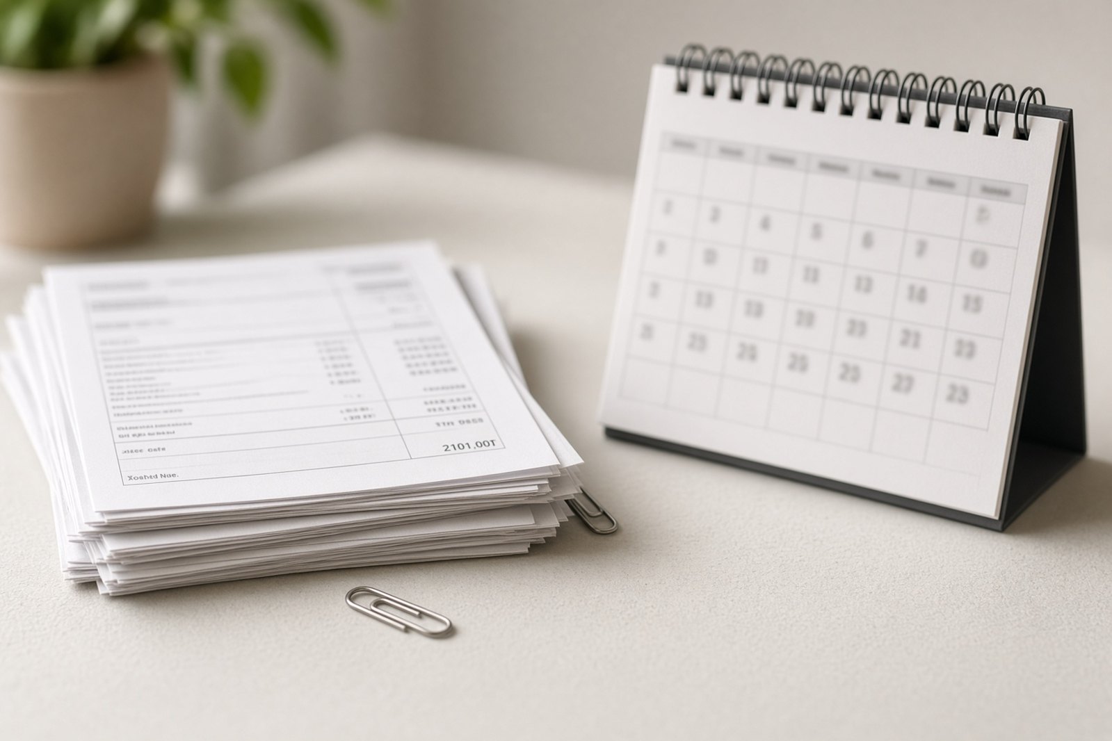 Desk calendar beside freight invoices and a fuel card
