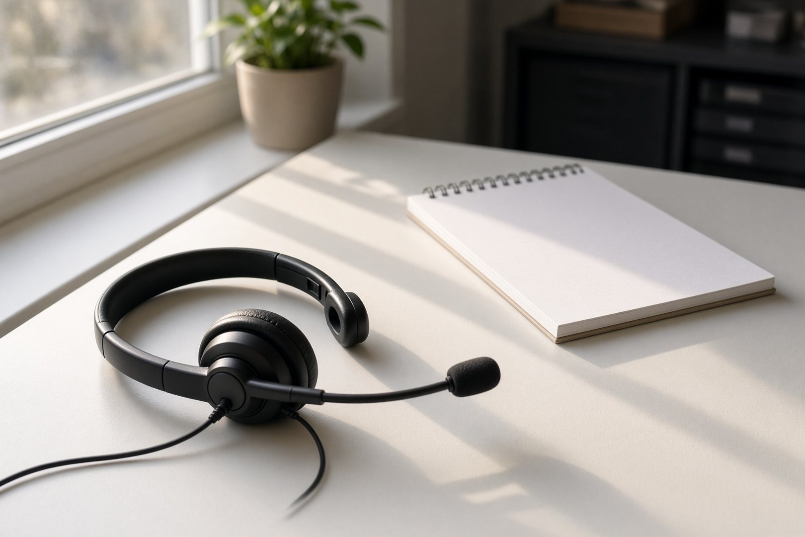 A headset and a blank notepad on a desk by a window