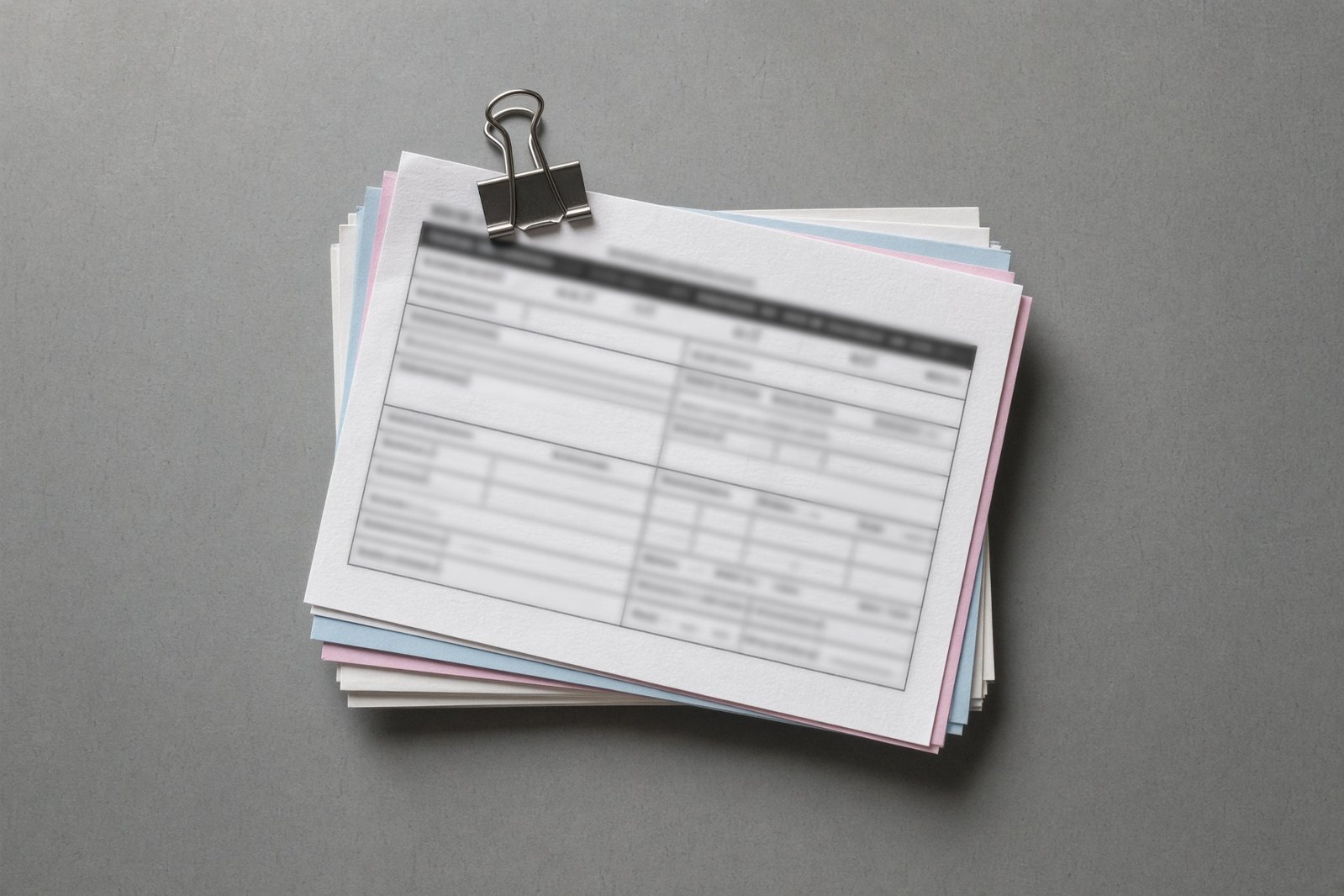A clipped stack of freight documents photographed from above, text blurred