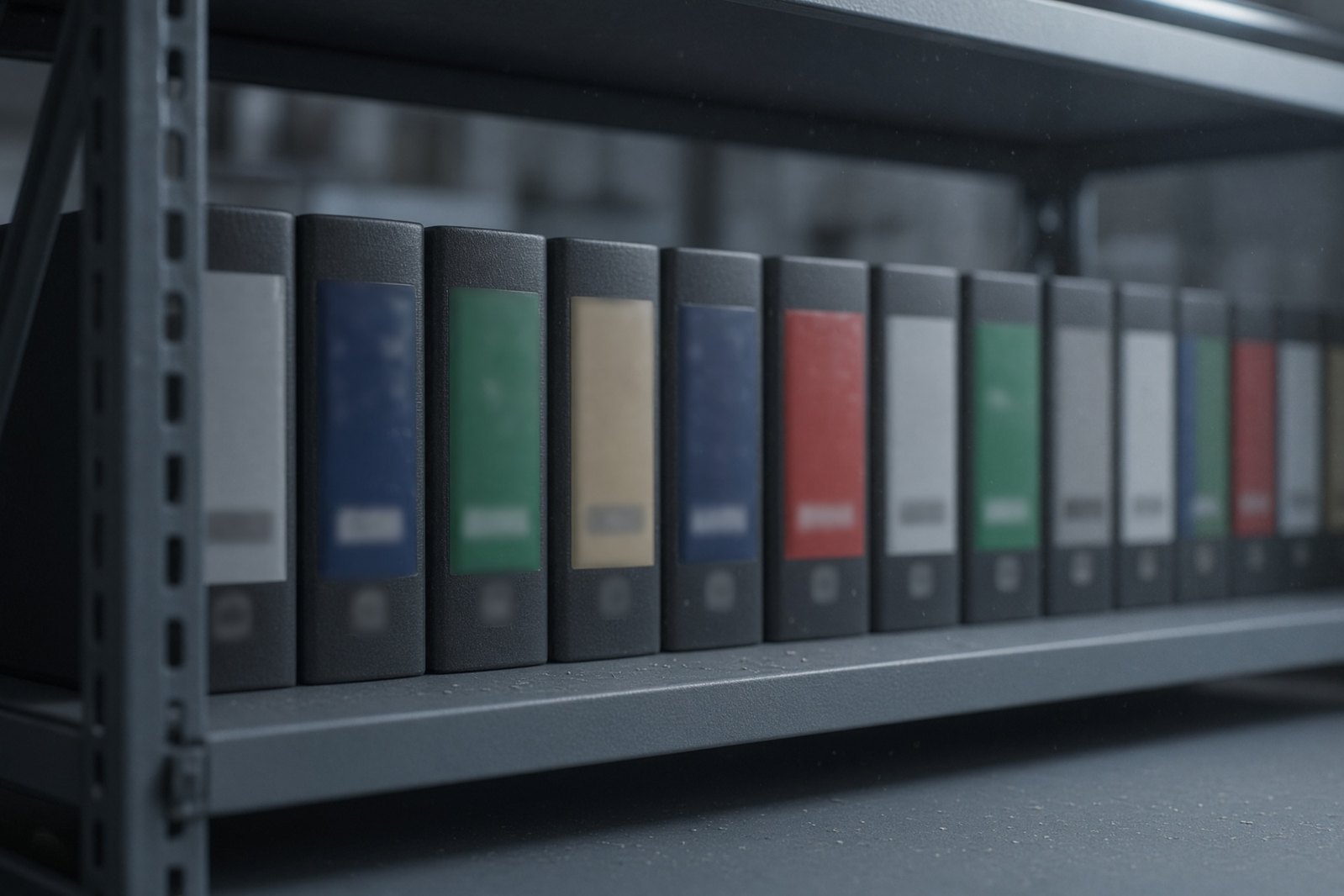 A row of document binders on a steel shelf with blurred labels