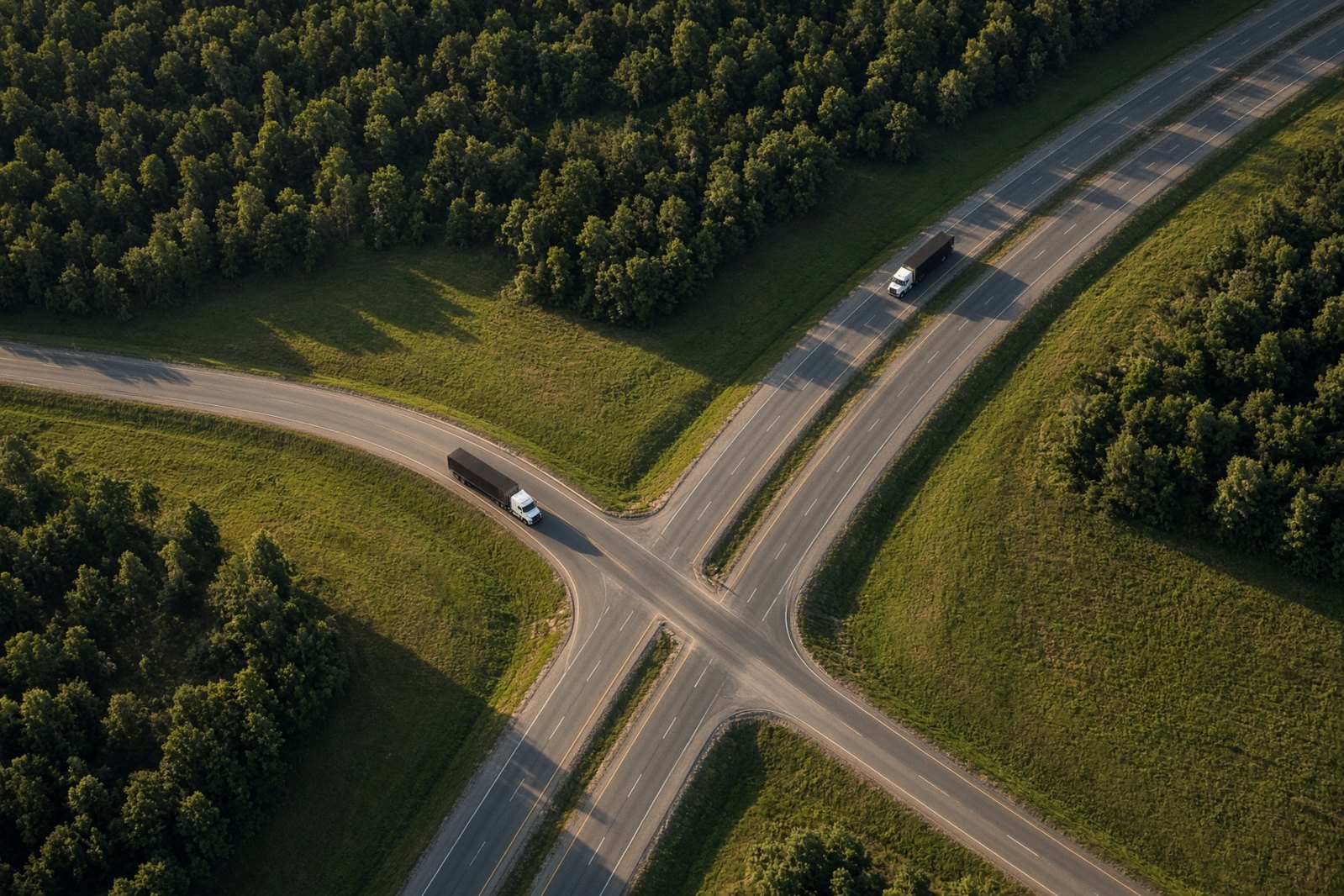 An empty trailer waits at a fuel island while a paper map lies open on the driver seat.