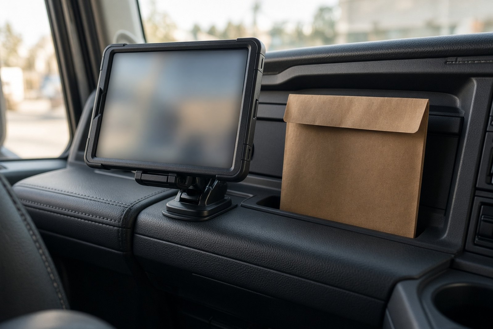 An ELD tablet mounted in a truck cab beside a paper sleeve