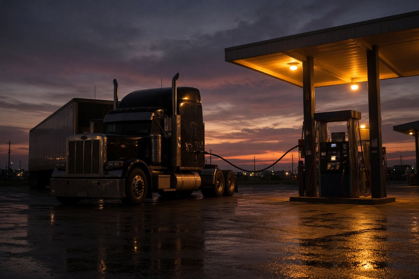 Diesel pump beside a black semi at a truck stop in the evening