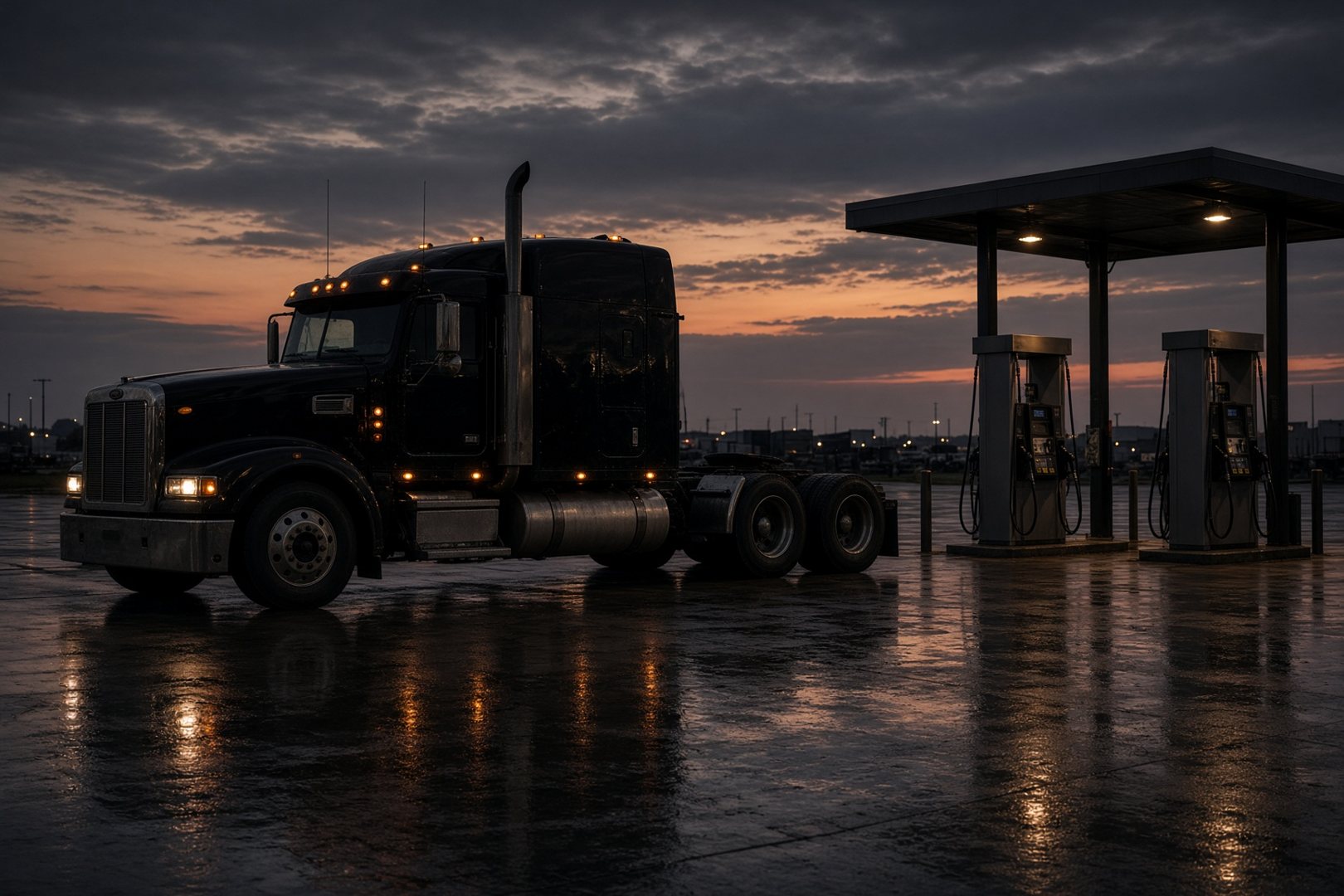 A black semi parked at diesel pumps at dusk
