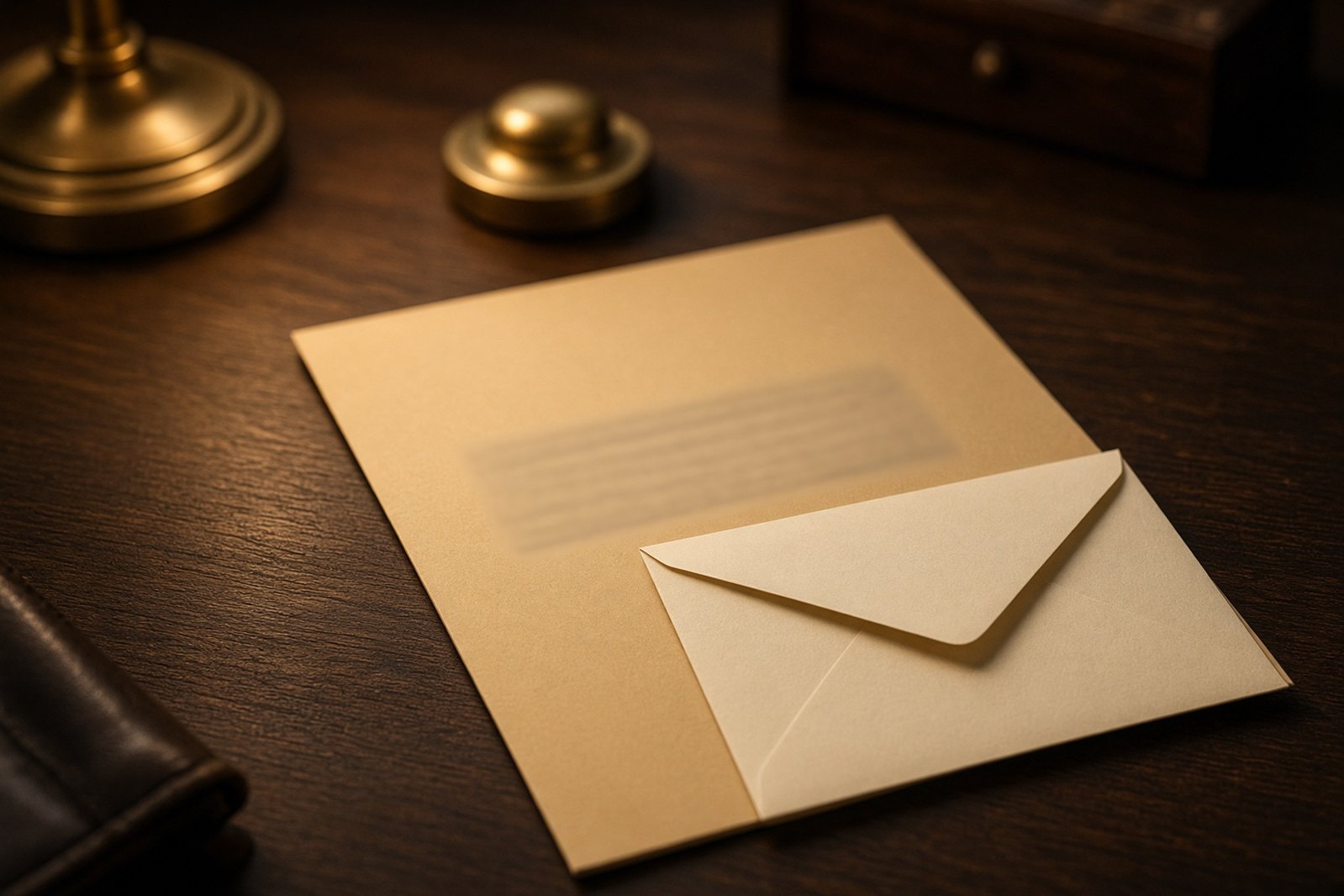 An insurance certificate folder and an envelope on a walnut desk