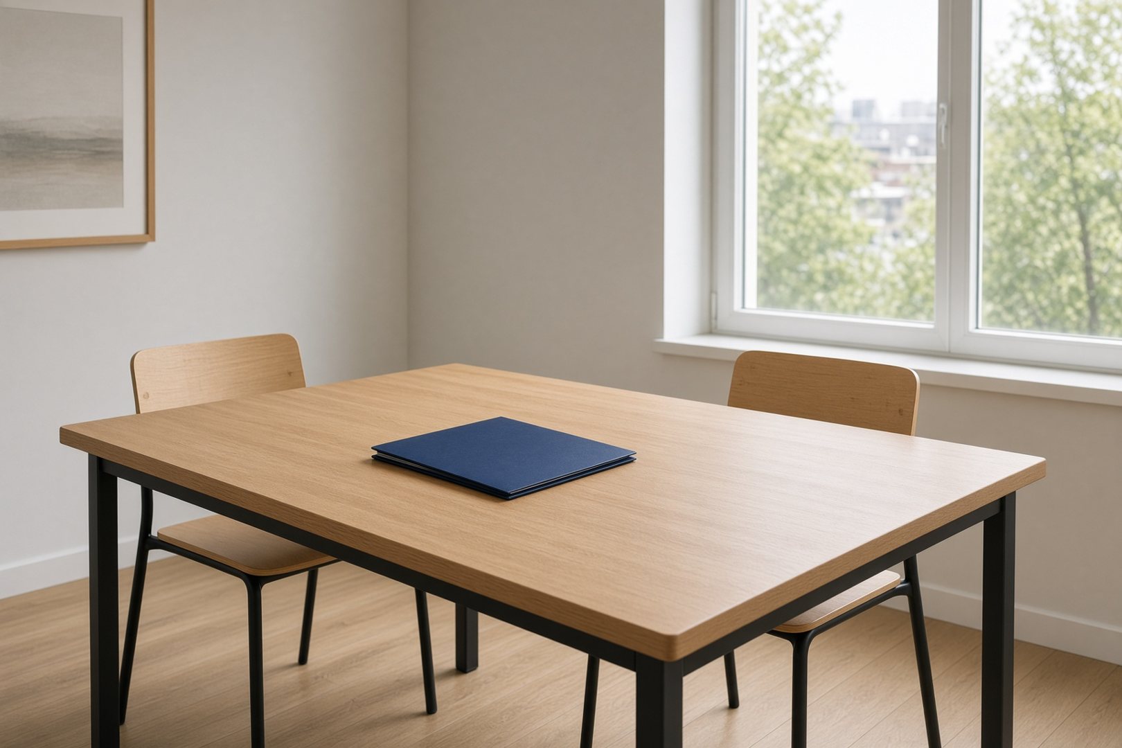 An empty conference table with a closed folder by a bright window