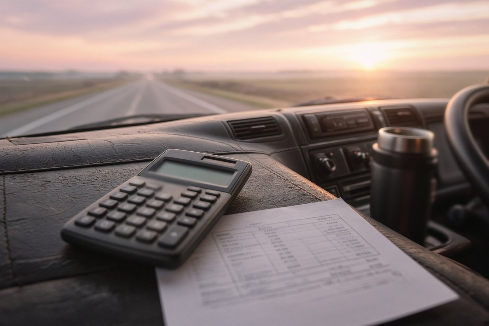 Calculator and a blurred rate sheet on a truck dashboard at dawn