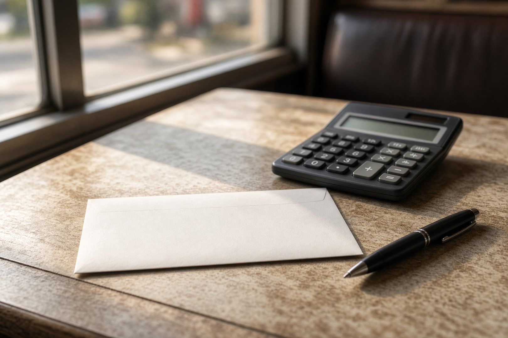 A settlement check face-down beside a calculator on a sunlit table