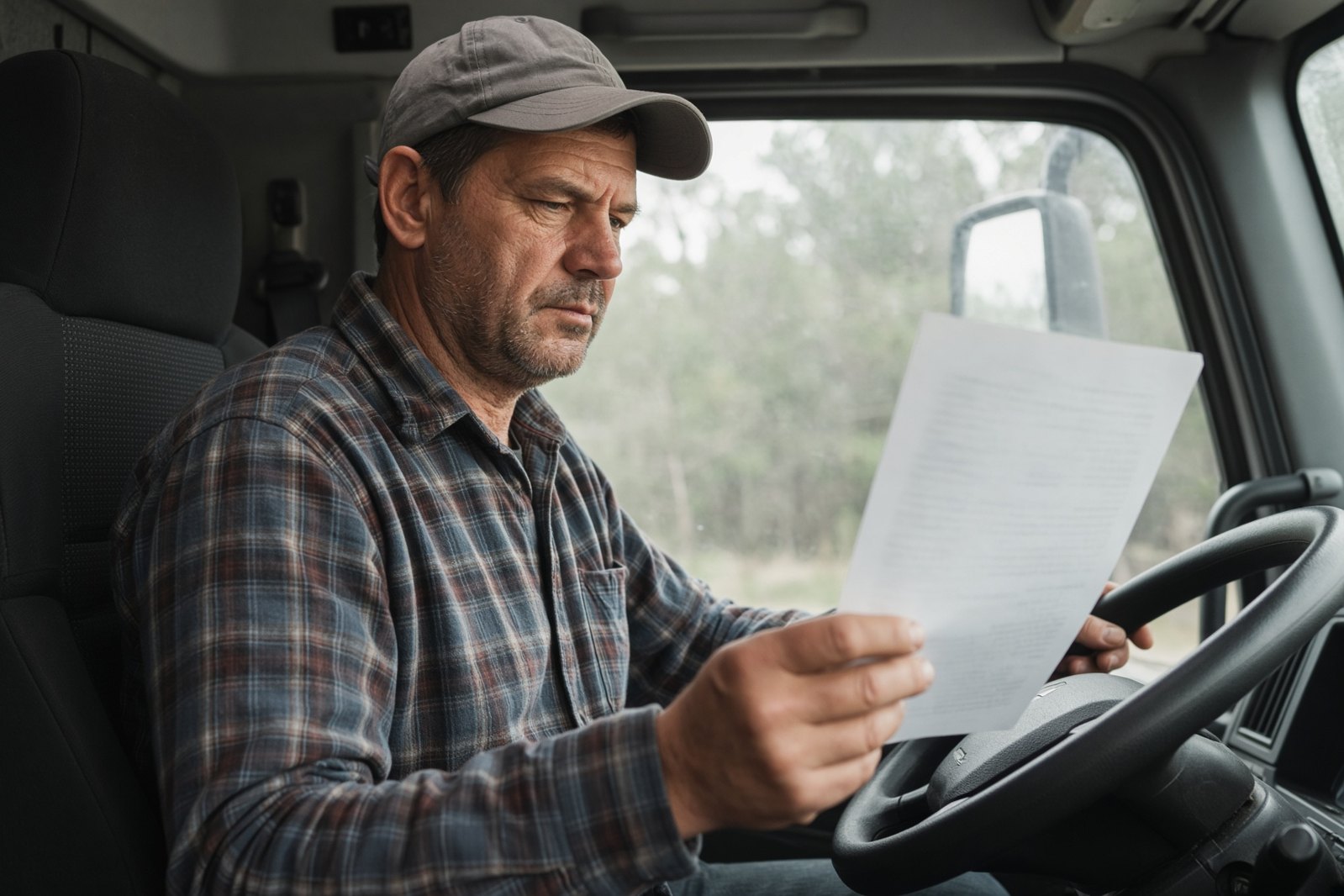 Driver in a truck cab reviewing a document in midday light