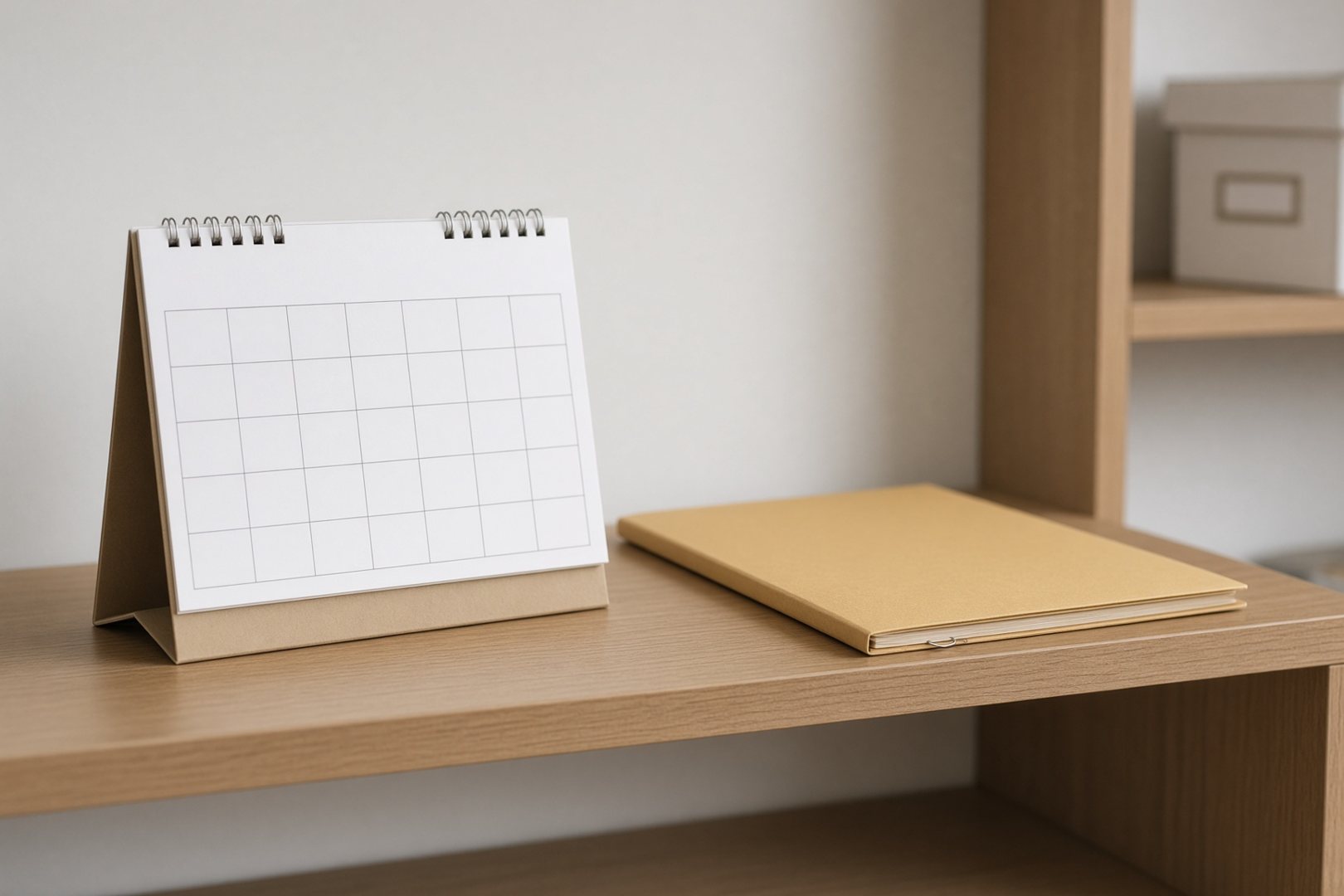 A wall calendar and a closed folder on an office shelf