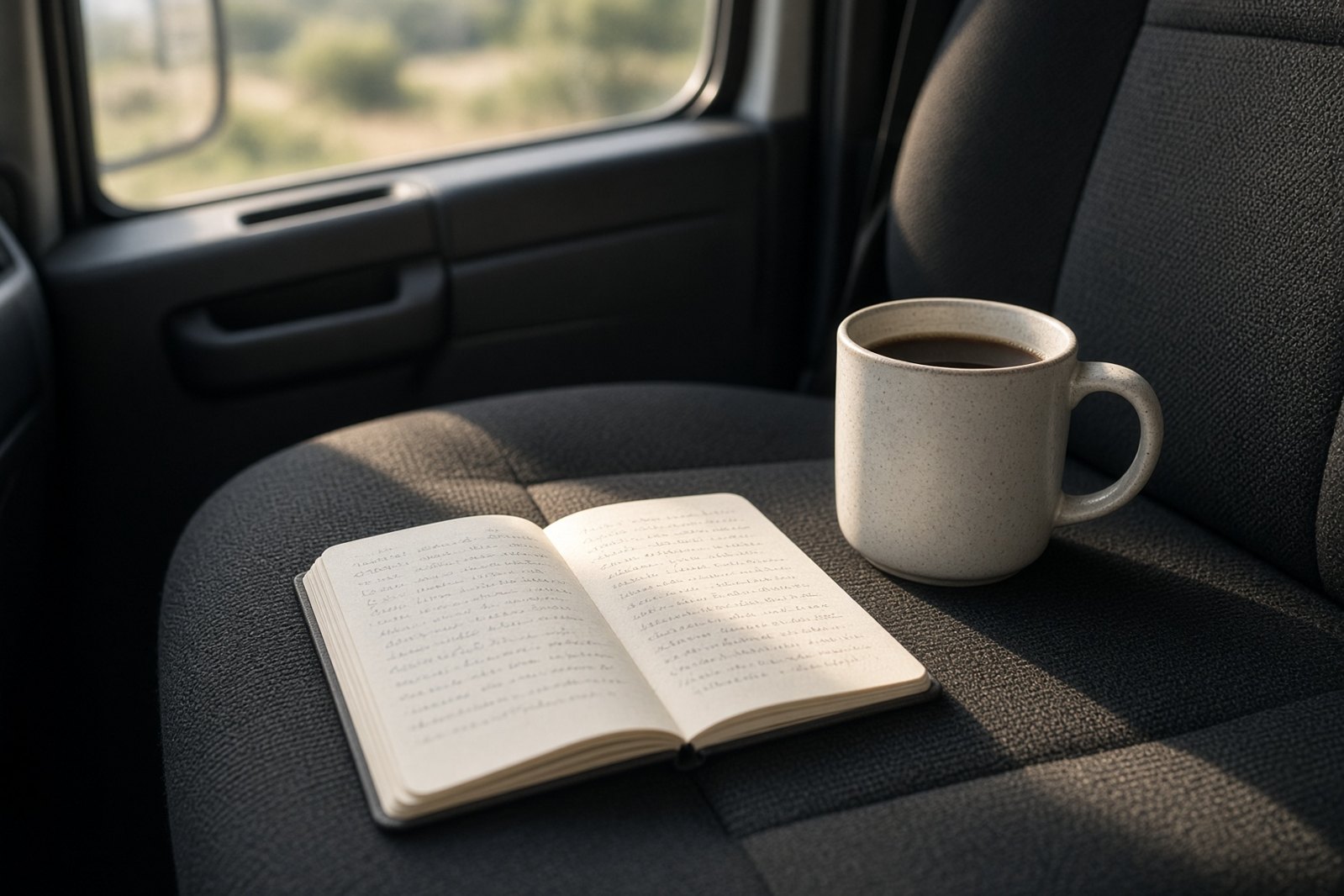 Coffee and a mileage notebook on the seat of a day cab