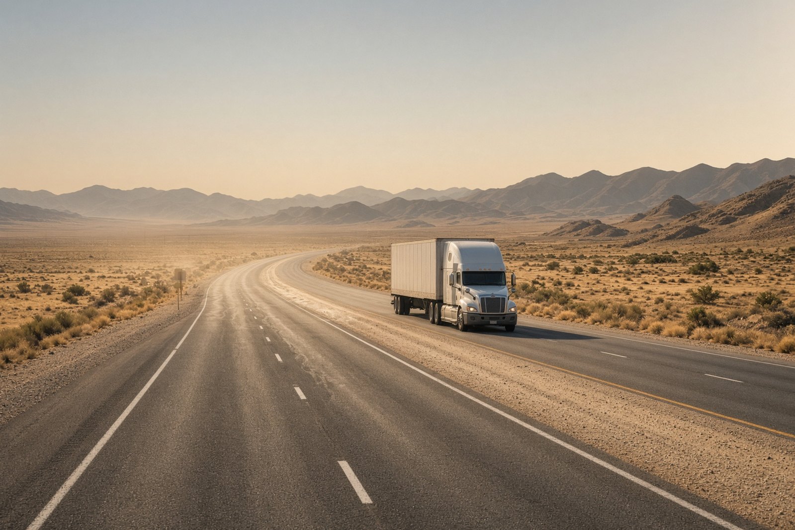 A lone semi-truck on an empty desert interstate